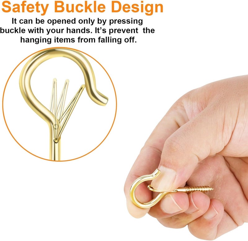 FSAH 12 PCS Q-Hanger Hooks, Screw Hooks for Outdoor String Lights, Safety Buckle Design Cup Eye Hook for Hanging Christmas Lights, Plants, Wind Chimes, Mounted on Wall Ceiling, Windproof, Gold - Image 2